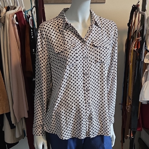 LOFT Cream w Gray Stripes and Black Polka Notched Collar Button Down Shirt - Picture 3 of 7